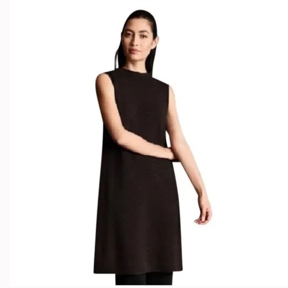 EILEEN FISHER Womens Pink Stretch Ribbed Slitted Step Hem Boxy Fit Short Sleeve Crew Neck Knee Length Sheath Dress